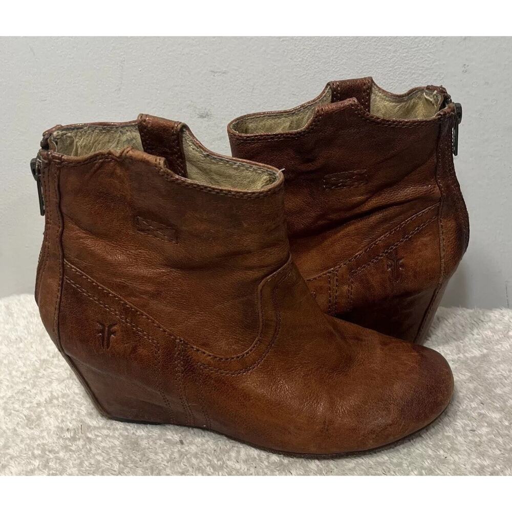 FRYE Carson Wedge Bootie Women's 6 M Brown Leather Western Ankle Boot Zip - Picture 5 of 14
